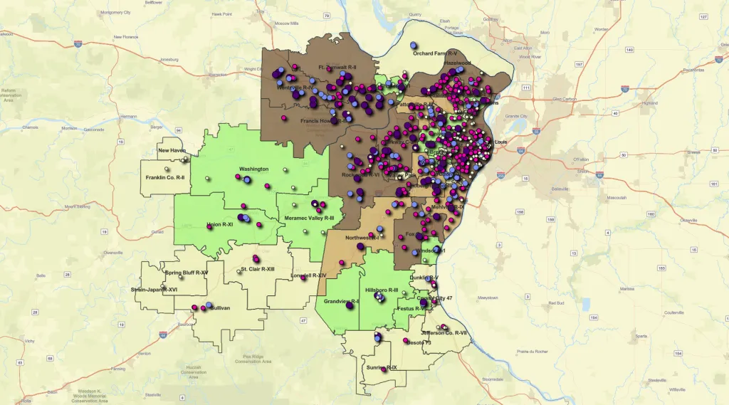 An image of a map of the St. Louis metro area, and surrounding counties, with dots marking area schools.